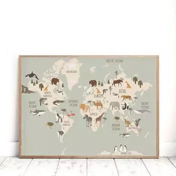 Карта мира животных, настенная живопись на холсте для детской комнаты, фотографии, декор для детской комнаты, скандинавские постеры и принты, милые животные, мультяшные животные 21x30cm No Frame