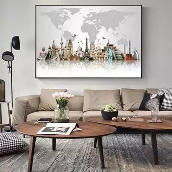 Карта мировых туристических достопримечательностей, холст, картина, знаменитые строительные плакаты и принты, настенная художественная картина для гостиной, украшения дома 21*30cm