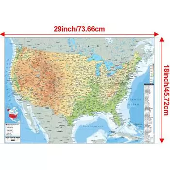Карта на английском языке США - географическая карта для классной комнаты, студенческой комнаты и домашнего декора, настенного декора, дорожных принадлежностей 18*29inch/45.72*73.66cm