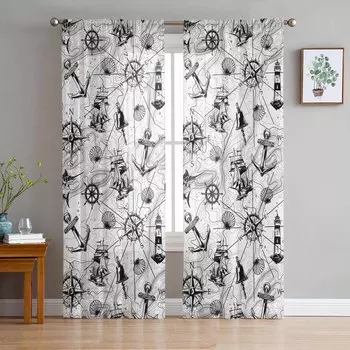 Карта Навигация Корабельные линии Ретро-прозрачные шторы Современные газовые шторы для гостиной Спальня Шторы из вуали W135 x H114cm