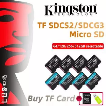 Карта памяти Micro SD Kingston 128G 64G/256G/512G C10 A1 U3 V30 A2 TF 100 Мбит/с 170 Мбит/с + картридер SD адаптер SDCS2/SDCG3 для телефона, динамика SDCS2/64GB100MB/s Read