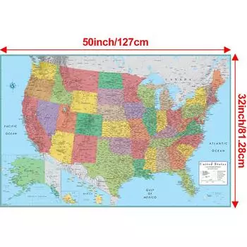 Карта Соединенных Штатов Америки - Административная карта, Безрамная, Для спальни, гостиной, офиса, общежития, Декор для стен с картой мира, Образовательные/Туристические принадлежности 32*50inch/81.28*127cm