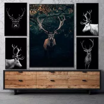 Картина «Черный олень» с принтом, холст, постер, современный минималистичный настенный художественный портрет животного, темные картины для гостиной, домашний декор стены 21x30cm No Framed