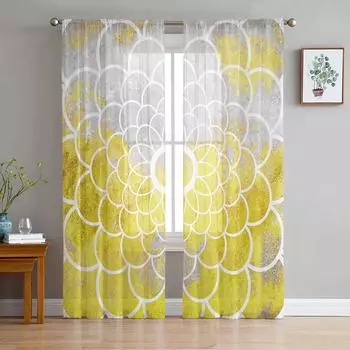 Картина маслом Абстрактная цветочная текстура Желтые оконные тюлевые шторы для гостиной Кухонные оконные занавески Вуаль 135W x 114H(cm)