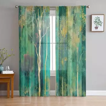 Картина маслом абстрактное дерево закат тюлевые оконные шторы для спальни роскошный домашний декор шторы в гостиной шифоновые панели 135W x 114H(cm)