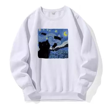 Картина маслом Черная кошка Звездная ночь Печать с капюшоном Унисекс Спортивная мода Новые толстовки с капюшоном из флиса Теплая толстовка Свободная толстовка большого размера L