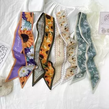 Картина маслом Цветочная лента Ретро Универсальная литературная и художественная узкая полоска Конский хвост Бант Плетеная повязка для волос Аксессуары Маленький шелковый шарф 6*90CM