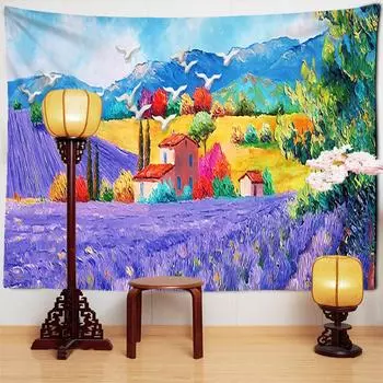 Картина маслом Лавандовый гобелен Настенное растение Богемный хиппи Tapez Скандинавская эстетика Декор комнаты 95x70cm