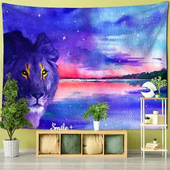 Картина маслом Лев гобелен настенный животное психоделическое колдовство богемный стиль хиппи тапиз домашний декор 95x70cm