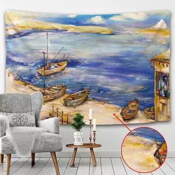 Картина маслом Лунная гавань Рыбацкая лодка Гобелен Украшение стены Ткань Гобелены Настенное пляжное одеяло Художественная роспись гобелен 95x70CM