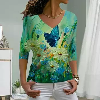 Картина маслом Маленькая маргаритка Принт Женские футболки Женские топы Длинные рукава V-образный вырез Пуловер Femme Футболки Футболка для женщин XS синий