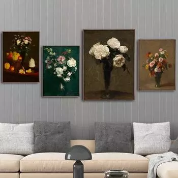 Картина маслом на холсте Цветы Vinatge Wall Art Домашнее украшение Печать на холсте Настенные картины Плакат Fantin-Latour Цветы Французский Без рамки 21*30cm No Frame