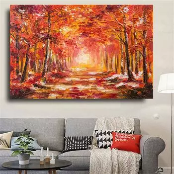 Картина маслом на холсте, красный клен, лесная дорога, плакаты и принты для домашнего декора, осенний лесной пейзаж, картины, настенное искусство 21cm30cm NoFrame