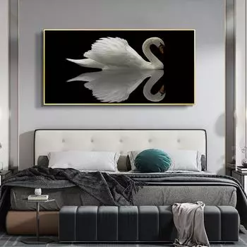 Картина маслом на холсте с изображением животных, черно-белый лебедь, пейзаж, искусство, подарок, картина для гостиной, коридора, украшение для дома, фреска, без рамки 20*40cm No Frame