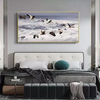 Картина маслом на холсте с изображением животных, перелетных птиц, летящих журавлей, офисной гостиной, коридора, украшения для дома, фрески без рамки 20*40cm No Frame
