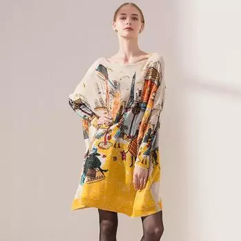 Картина маслом напечатанный свитер женский большой размер вязаный пуловер рукав летучая мышь круглый вырез трикотаж уникальный коммутационный новый модный европейский стиль осень One size бежевый