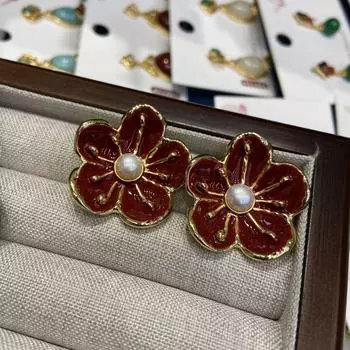 Картина маслом Пикассо, эмаль, капельная глазурь, цветочные цветки сливы, серьги-гвоздики в стиле ретро, нежные медные украшения в виде цветка из настоящего золота