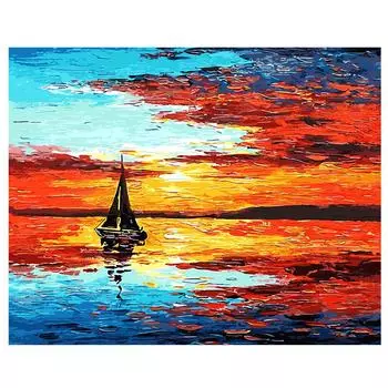 Картина маслом по номерам своими руками, декор для рукоделия 40x50 см, безрамная, закат, парусный спорт