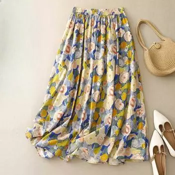 Картина маслом полуюбка женская летняя длинная цветочная юбка летняя свободная юбка M