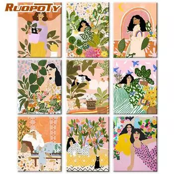 Картина маслом Ruopoty для девочек, ручная роспись, уникальные подарочные картины по номерам, растения, листья, сделай сам, рамка для взрослых, украшение дома 40x50cm NO Frame