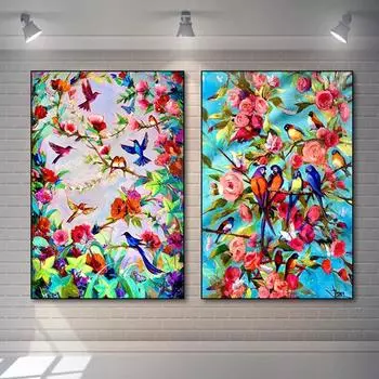 Картина маслом с цветами и птицами, настенное искусство, райская песня, плакат, изображение растения для украшения дома 21cm30cm NoFrame
