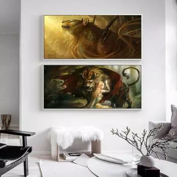Картина маслом с изображением животных, девушка и лев, акварельное искусство, холст, гостиная, коридор, офис, украшение дома, фреска, без рамки 20*40cm No Frame