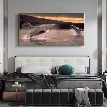 Картина маслом с изображением животных, прыжки дельфинов в океане, пейзажное искусство, холст, подарочная картина, гостиная, коридор, украшение дома, фреска, без рамки 20*40cm No Frame