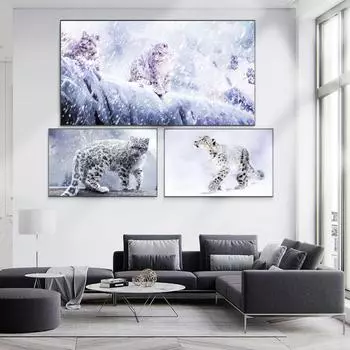 Картина маслом с животными, леопард в снегу, холст, картина для офиса, гостиной, коридора, украшение дома, фреска без рамки 20*40cm
