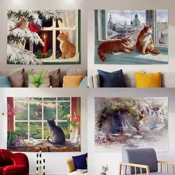 Картина маслом Сцена Кошка Гобелен Офис Гостиная Украшение Дома Настенный Гобелен 100x75cm