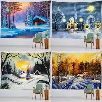 Картина маслом Снежная сцена Гобелен Настенная рождественская елка Природные пейзажи Психоделический колдовство Эстетическая комната 100x75cm