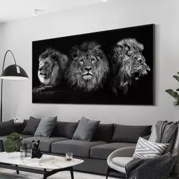 Картина маслом «Три черных льва» с изображением животных, постер и эстамп высокой четкости, настенная художественная картина для гостиной, дома 20cm40cm NoFrame