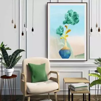 Картина маслом в скандинавском стиле с градиентом синих листьев, натюрморт, искусство, холст, картина, гостиная, коридор, офис, украшение дома, фреска, без рамки 21*30cm No Frame