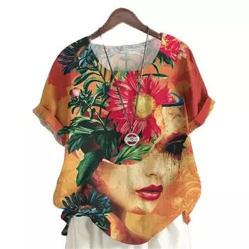 Картина маслом Y2k для девочек с цифровым 3D принтом, летняя модная женская футболка с коротким рукавом, повседневная футболка, винтажный пуловер в стиле Харадзюку XL