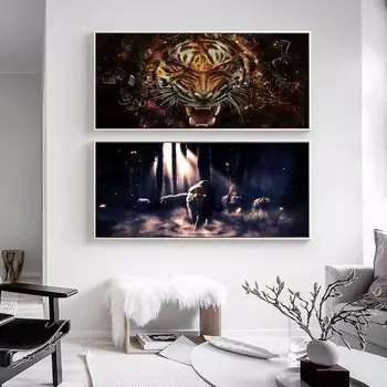 Картина маслом животного темный тигр и дети искусство холст картина гостиная коридор офис украшение дома фреска без рамки 20*40cm