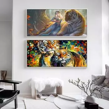 Картина маслом животных, красота и тигр, акварельное искусство, холст, гостиная, коридор, офис, украшение дома, фреска, без рамки 20*40cm No Frame