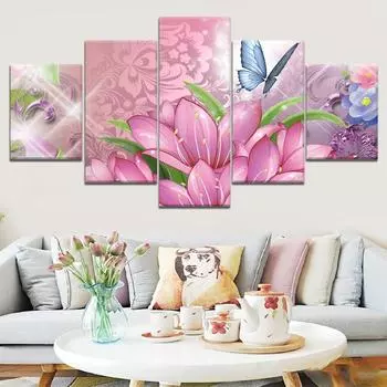 Картина на холсте, 5 панелей, фиолетовый цветок, бабочки, пейзаж, холст, настенное искусство, домашний декор для гостиной, настенная картина без рамки 20x35cm*2 20x45cm*2 20x55cm*1