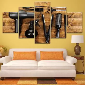 Картина на холсте, 5 предметов, парикмахерские инструменты, ножницы, расческа, картина, печать, парикмахерская, салон красоты, постер, рамка для домашнего декора Medium Size Unframed Canvas