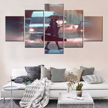 Картина на холсте, 5 шт., аниме, мультяшный рисунок, постер, девушка, зонтик от дождя, картина, настенное искусство для гостиной, декоративная рамка, современный без рамки 20x35cm*2 20x45cm*2 20x55cm*1