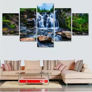 Картина на холсте 5 шт. Большой красивый водопад пейзаж картина пейзаж постер настенное искусство украшение дома для гостиной Medium Size Unframed Canvas