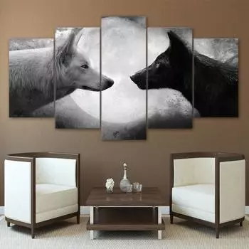 Картина на холсте, 5 шт., черно-белые волки, HD принты, плакат, настенное искусство, современные модульные картины, украшение для дома без рамки 20x35cm*2 20x45cm*2 20x55cm*1
