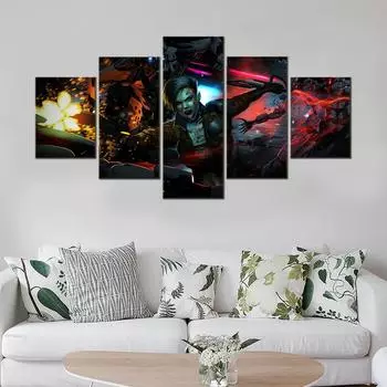 Картина на холсте, 5 шт., Киберпанк, девушка, боевой пистолет, рамки для гостиной, настенные постеры, украшение для дома, современные фотографии без рамки 20x35cm*2 20x45cm*2 20x55cm*1