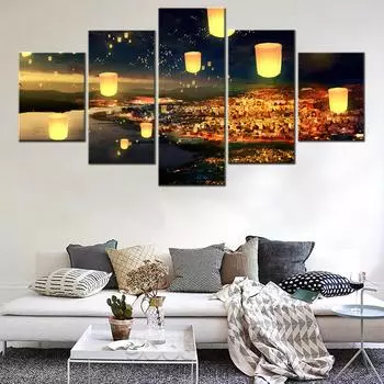 Картина на холсте, 5 шт., Япония, небесный фонарь, закат, городской пейзаж, Hd, гостиная, украшение для дома, плакаты, печать, настенные художественные фотографии, без рамки 20x35cm*2 20x45cm*2 20x55cm*1