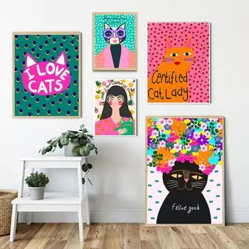 Картина на холсте Абстрактные животные Мультфильм Кошка и девушки Постеры Печать Настенные картины для гостиной Украшение дома Cuadros 21x30cm No Framed белый