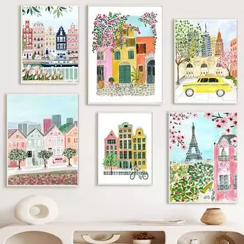 Картина на холсте, акварель, ботаническая, цветочная архитектура, городской пейзаж, настенные художественные постеры и принты, скандинавский декор для гостиной и комнаты 21X30cm No Frame