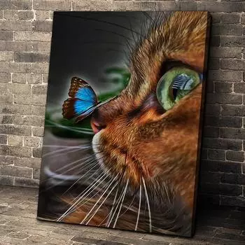 Картина на холсте «Бабочка на кошачьем носу», синяя бабочка, зеленые глаза кошки, настенное искусство, HD-печать, украшение для гостиной, постер 21x30cm No Framed