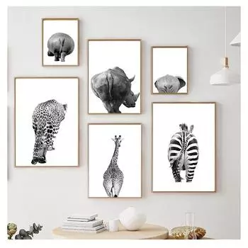 Картина на холсте, черно-белая настенная живопись, слон, жираф, носорог, постер, скандинавский стиль, настенный декор, принты с изображением животных, сафари, животные 21cm30cm NoFrame