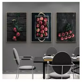 Картина на холсте, черный фон, красные фрукты, постеры и принты, настенные художественные фотографии с едой для кухни, помидоры, гранаты, яблоки, фрукты 21cm30cm NoFrame