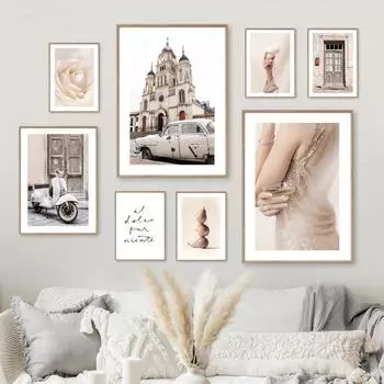 Картина на холсте Цветок Цветок Шампанское Девушка Церковь Бежевый Плакаты Печать Настенные Картины Гостиная Домашнее Украшение 21X30cm No Frame