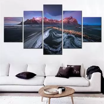Картина на холсте для домашнего декора Пейзаж Природа Гора Вестрахорн и Пляж Стоккснес Обои Интерьерный постер 5 шт. Без рамки 20x35cm*2 20x45cm*2 20x55cm*1 No Frame