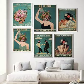 Картина на холсте Душевный Будь добрым Потеряй свой разум Найди свою душу Плакат Печать на диске Пьющая женщина Винтажный постер Настенное искусство Домашний декор 21x30cm No Framed